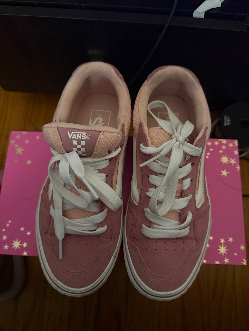 Vans women’s Pink and White Low Top Skate Sneakers